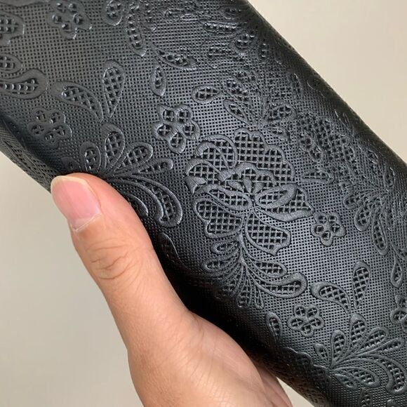 Genuine Leather Embossed Floral Lace, Real Bamboo Handle Bag & Small Clutch Set - Picture 16 of 16